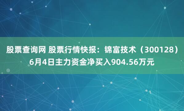 股票查询网 股票行情快报：锦富技术（300128）6月4日主力资金净买入904.56万元